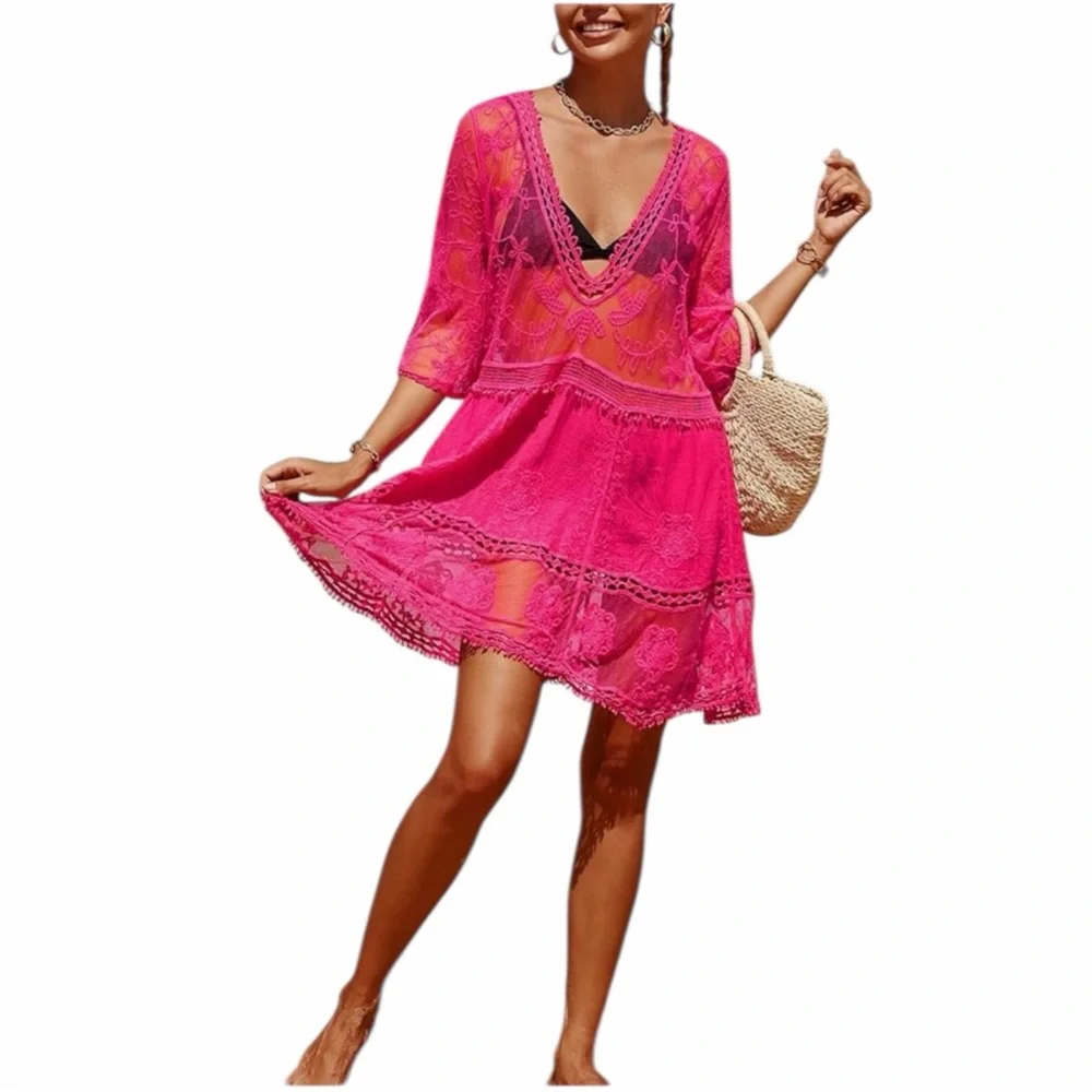 Women’s Sheer Lace V-Neck Swim Coverup Hot Pink Vacation Cruise One Size - Picture 7 of 9